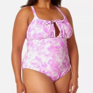 NWT Womens Sz 1X One Piece Bathing Suit Pink Tie Dye Keyhole Ruched Tie Bust